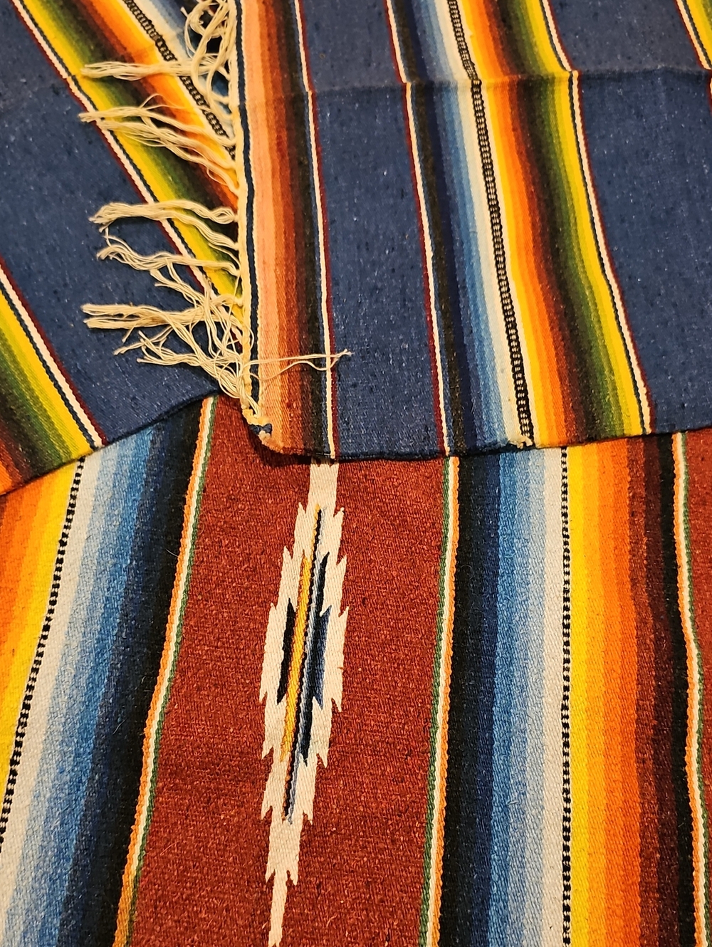 Handwoven Mexican Serape-Style Blue and Rust Striped Fabric